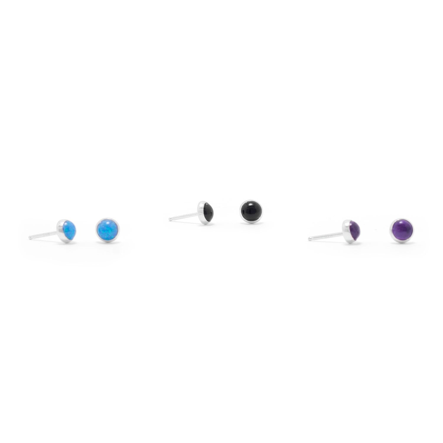 Set of 3 Synthetic Blue Opal, Amethyst, and Black Onyx Button Studs - Joyeria Lady