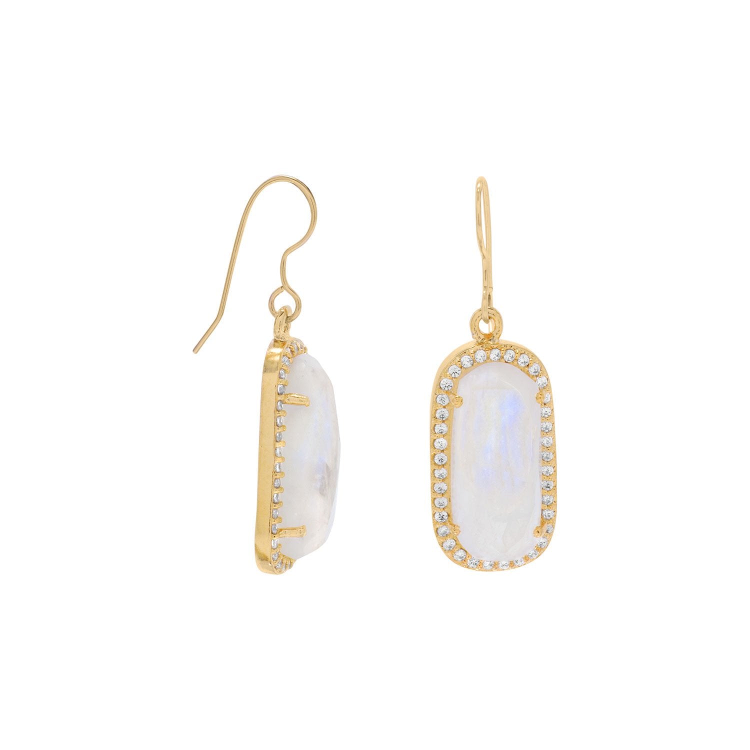 14 Karat Gold Plated Rainbow Moonstone with CZ Edge Earrings - Joyeria Lady