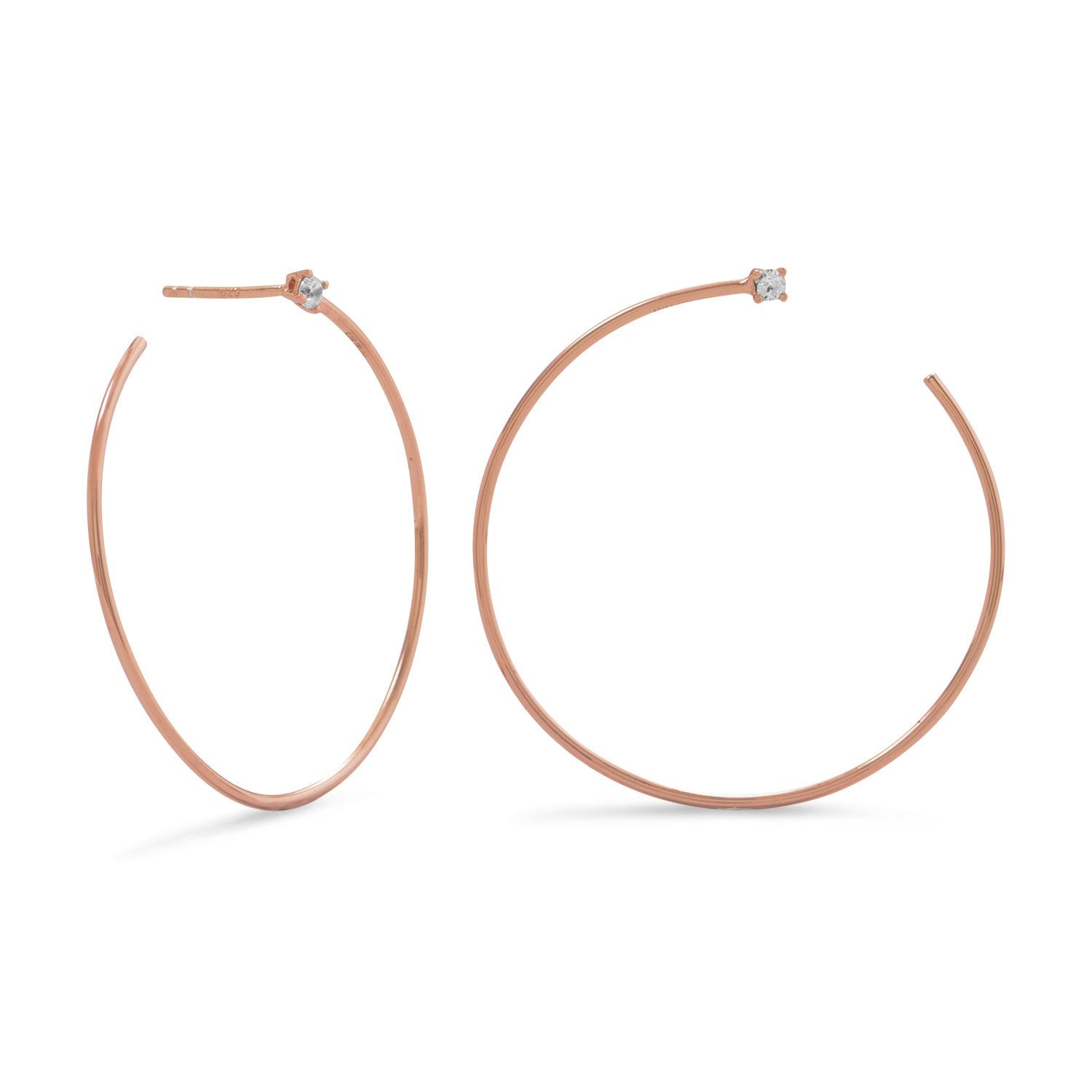14 Karat Rose Gold Plated Lateral 3/4 Hoops with Single CZ - Joyeria Lady