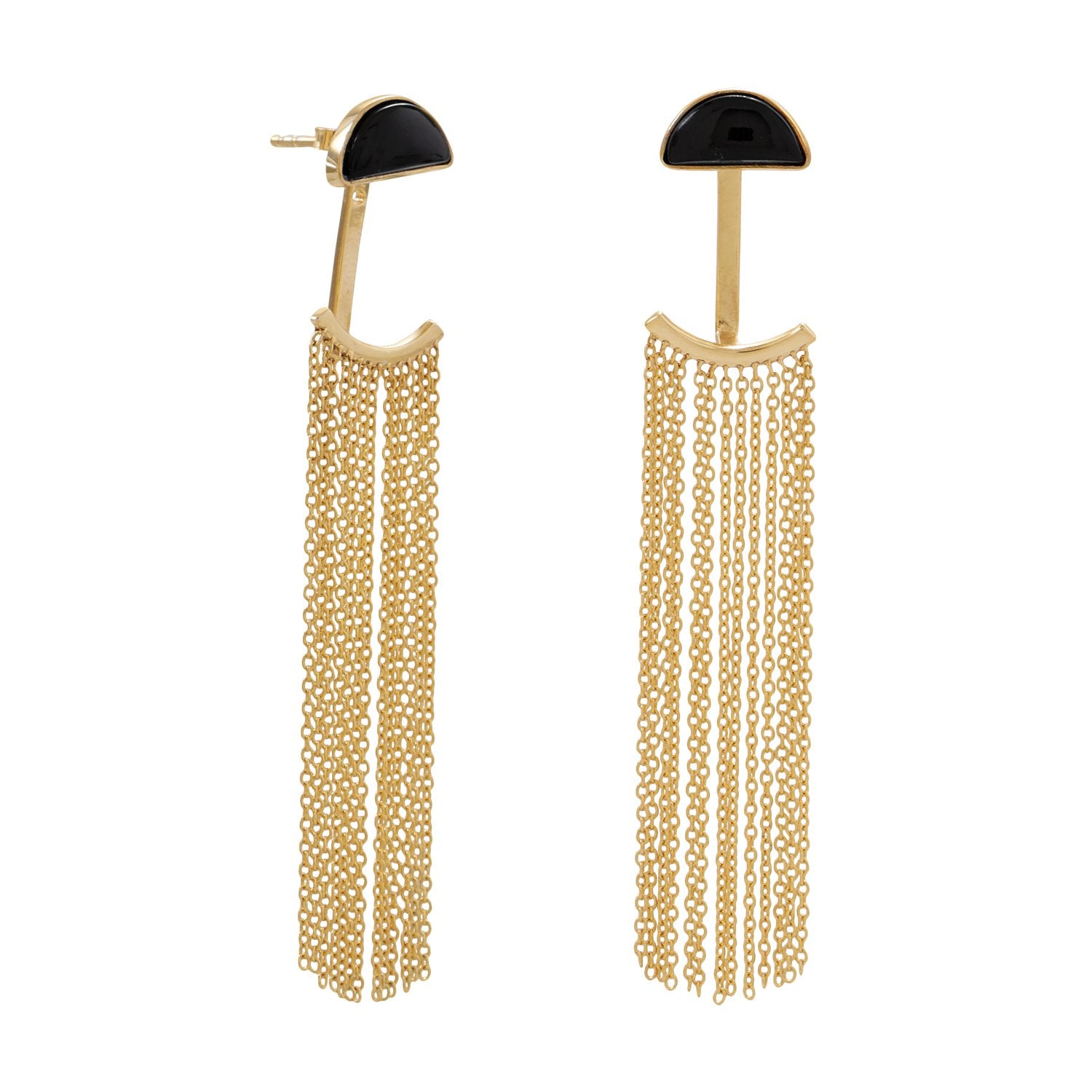 14 Karat Gold Plated Black Onyx and Fringe Front Back Earrings - Joyeria Lady