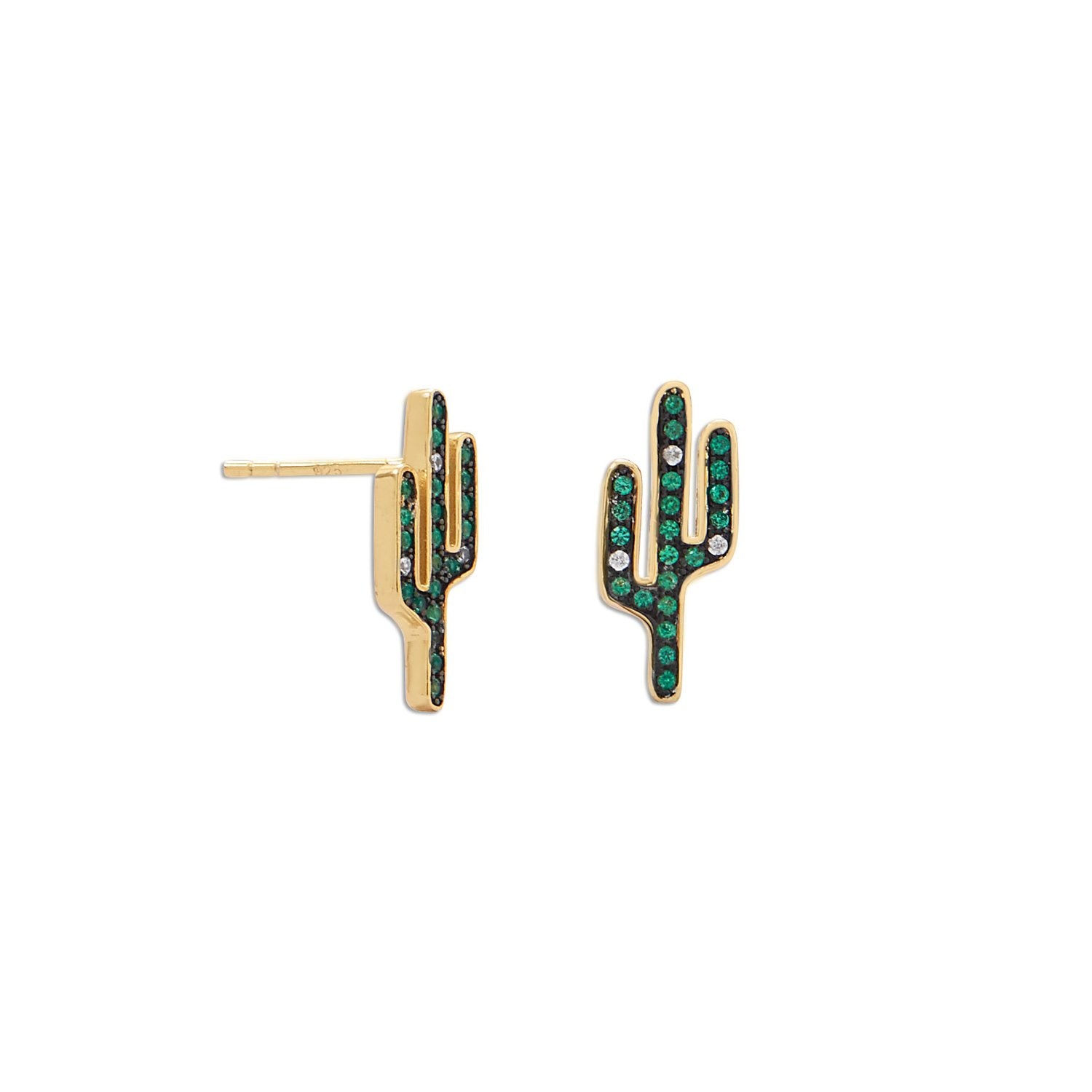 14 Karat Gold Plated CZ Saguaro Cactus Stud Earrings - Joyeria Lady