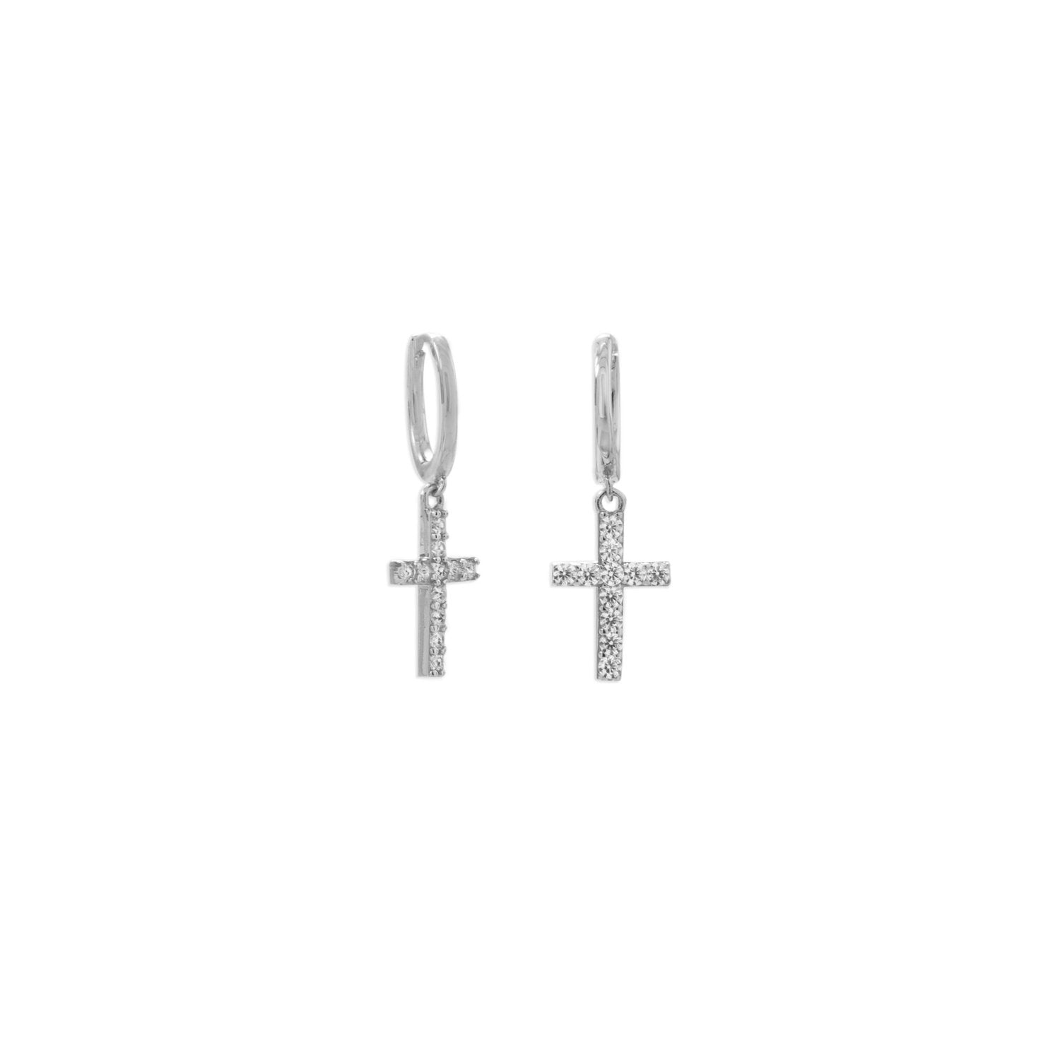 Rhodium Plated Hoop Earrings with CZ Cross - Joyeria Lady