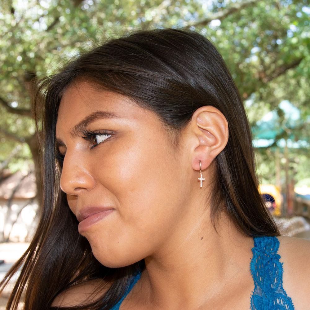 14 Karat Rose Gold Plated Hoop Earrings with CZ Cross - Joyeria Lady