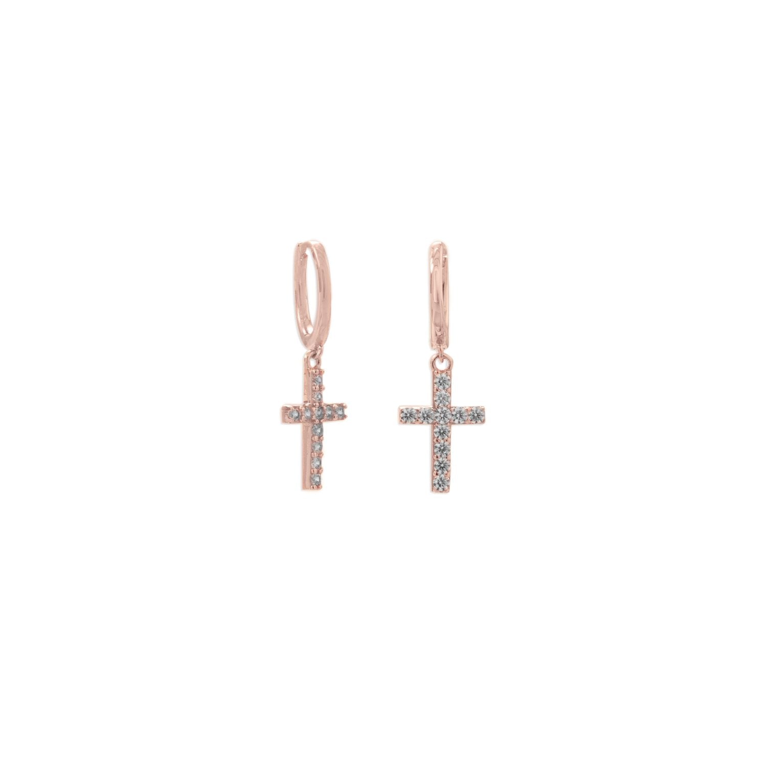 14 Karat Rose Gold Plated Hoop Earrings with CZ Cross - Joyeria Lady