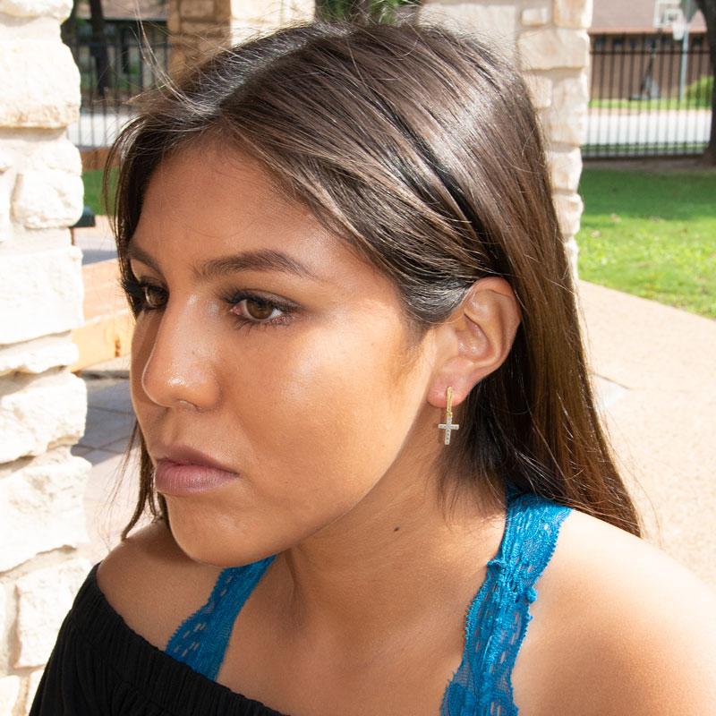 14 Karat Gold Plated Hoop Earrings with CZ Cross - Joyeria Lady