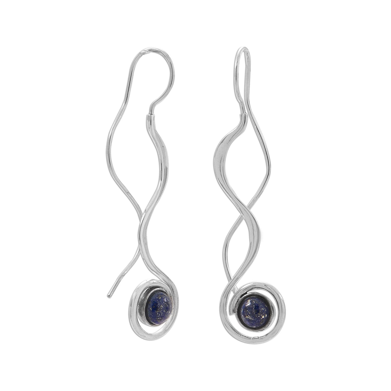 Polished Long Wavy Threader Earrings with Lapis - Joyeria Lady