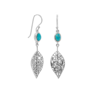 Oxidized Reconstituted Turquoise and Leaf French Wire Earrings - Joyeria Lady