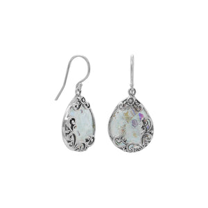 Oxidized Filigree Design Pear Ancient Roman Glass French Wire Earrings - Joyeria Lady