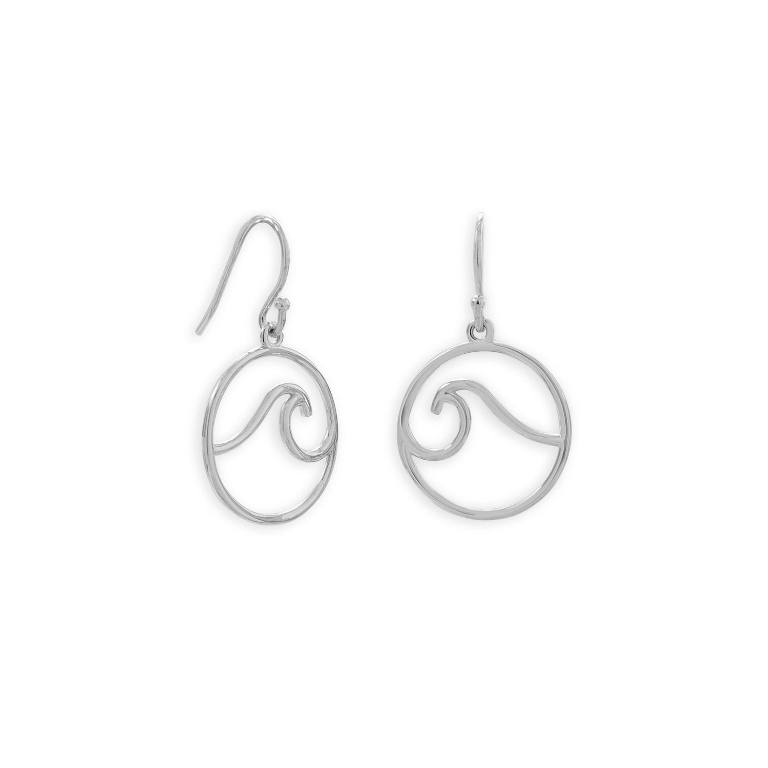 Rhodium Plated Outline Wave French Wire Earrings - Joyeria Lady