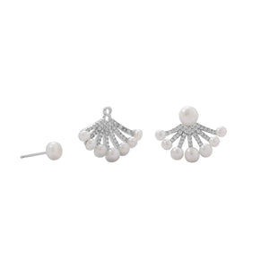 Rhodium Plated CZ and Cultured Freshwater Pearl Front/Back Earrings - Joyeria Lady