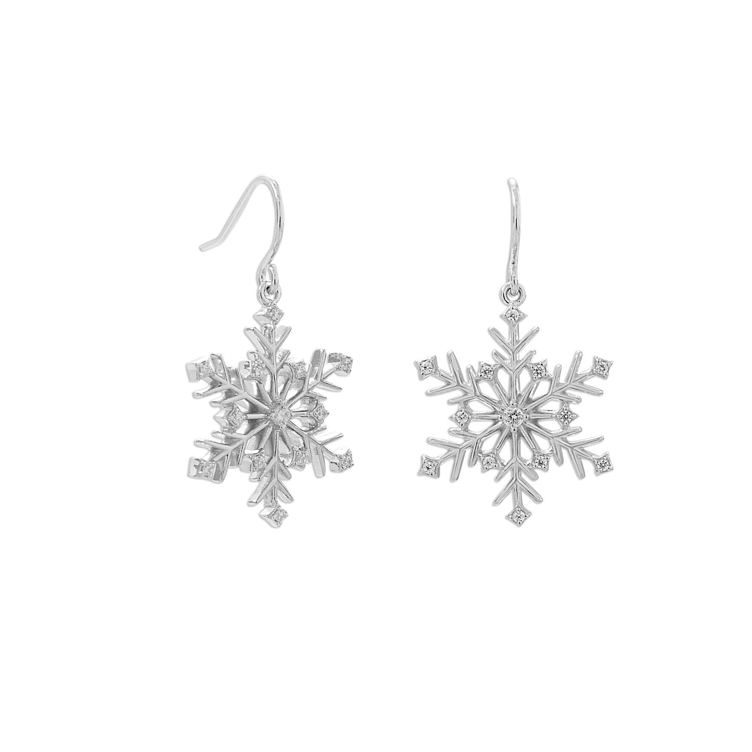 Rhodium Plated 6 Point CZ Snowflake French Wire Earrings - Joyeria Lady