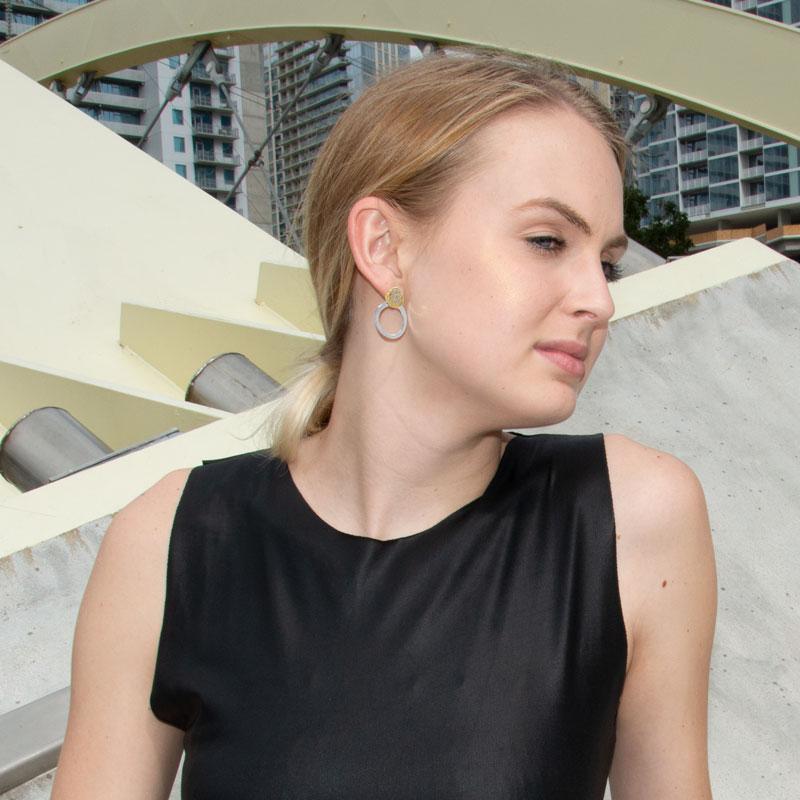 Two Tone CZ and Circle Drop Post Earrings - Joyeria Lady