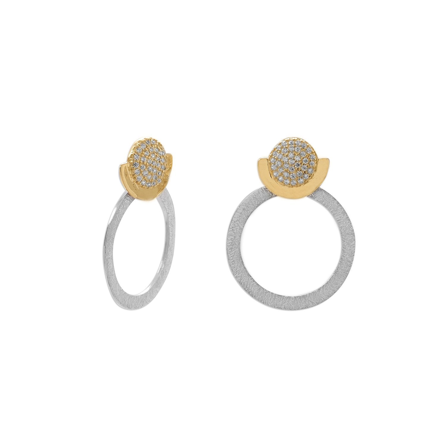 Two Tone CZ and Circle Drop Post Earrings - Joyeria Lady