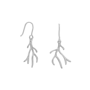 Rhodium Plated Polished Antler Design French Wire Earrings - Joyeria Lady
