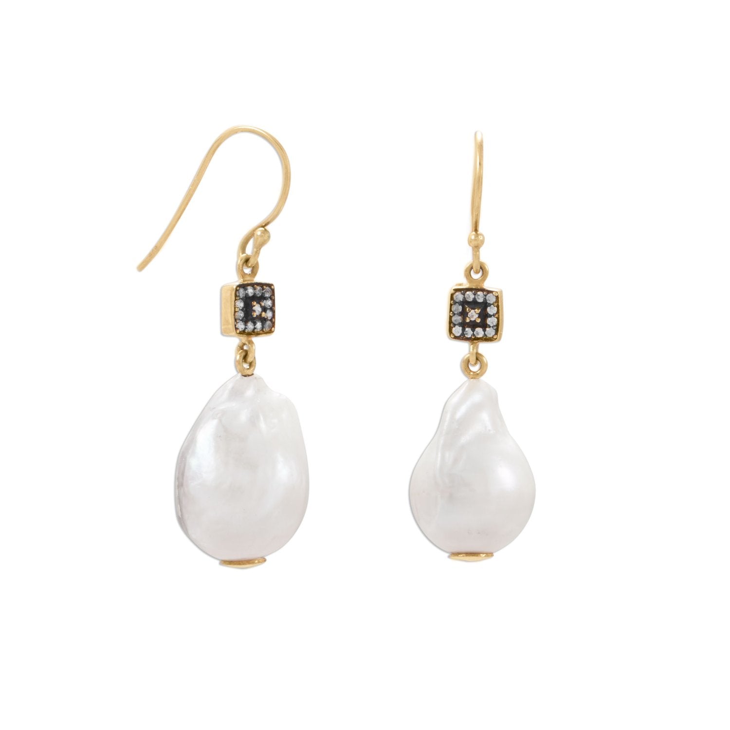 14 Karat Gold Plated CZ and Baroque Culture Freshwater Pearl Earrings - Joyeria Lady