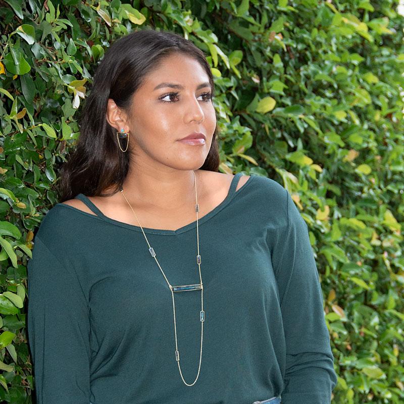 14 Karat Gold Plated Labradorite and Blue Topaz Chain Post Earrings - Joyeria Lady