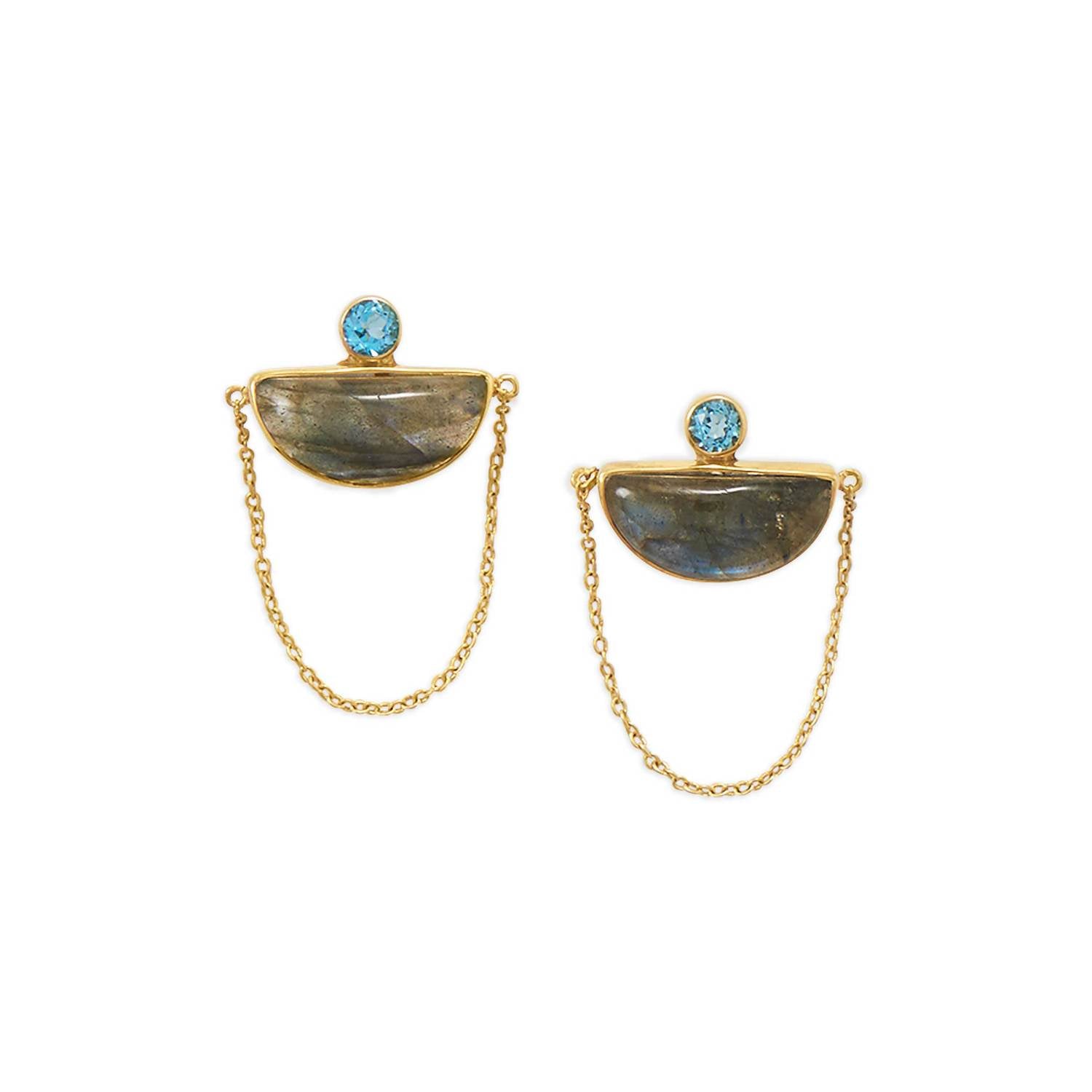 14 Karat Gold Plated Labradorite and Blue Topaz Chain Post Earrings - Joyeria Lady