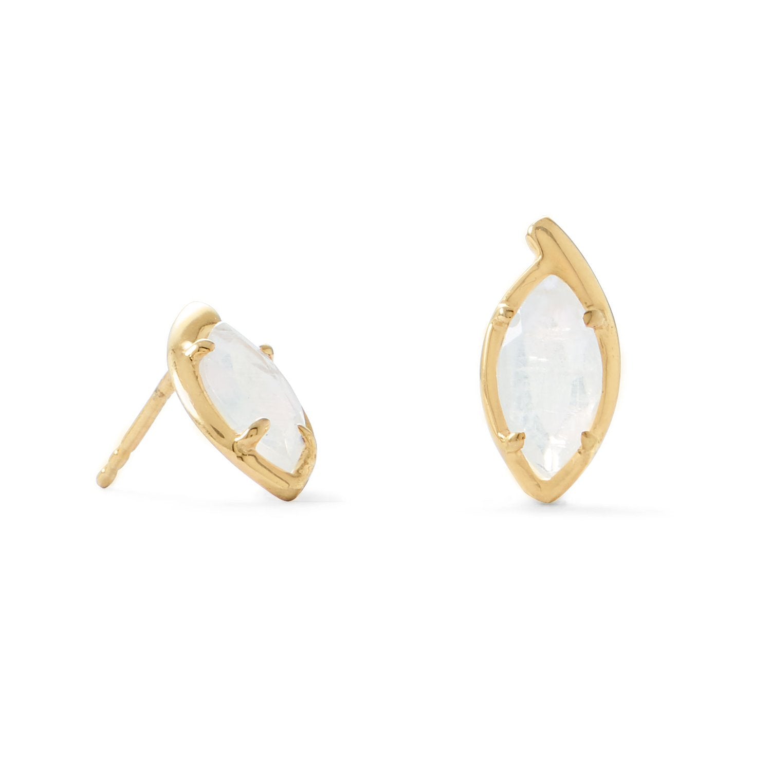 14 Karat Gold Plated Marquise Rainbow Moonstone Post Earrings - Joyeria Lady