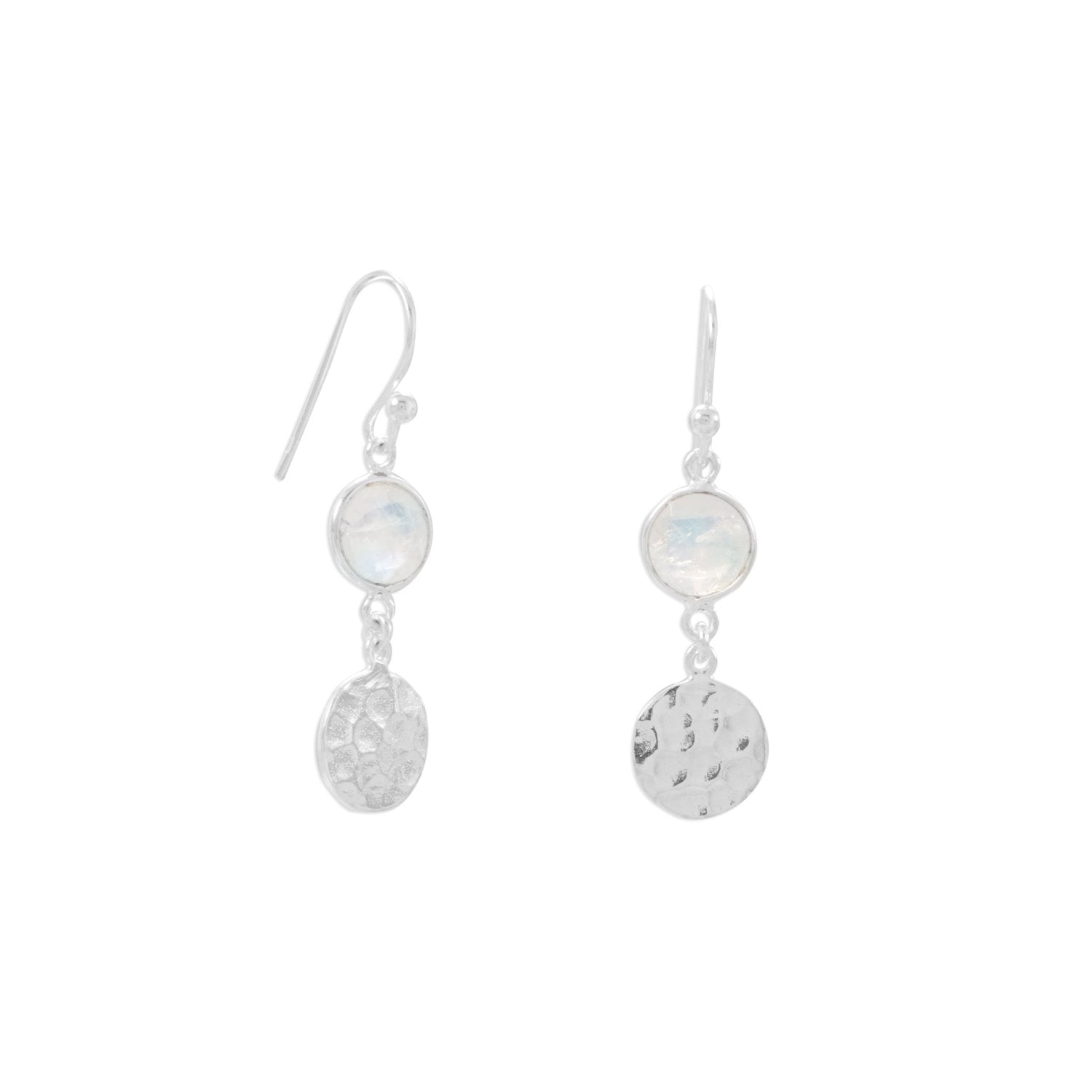 Polished Hammered Disk Rainbow Moonstone French Wire Earrings - Joyeria Lady