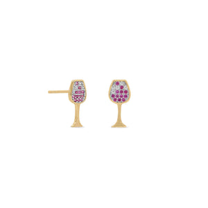 14 Karat Gold Plated CZ Red Wine Glass Stud Earrings - Joyeria Lady