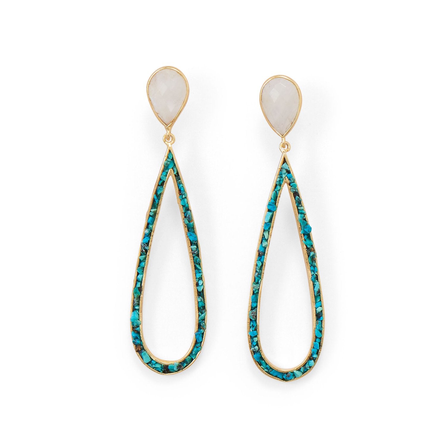 14 Karat Gold Plated Rainbow Moonstone and Turquoise Chip Post Earrings - Joyeria Lady