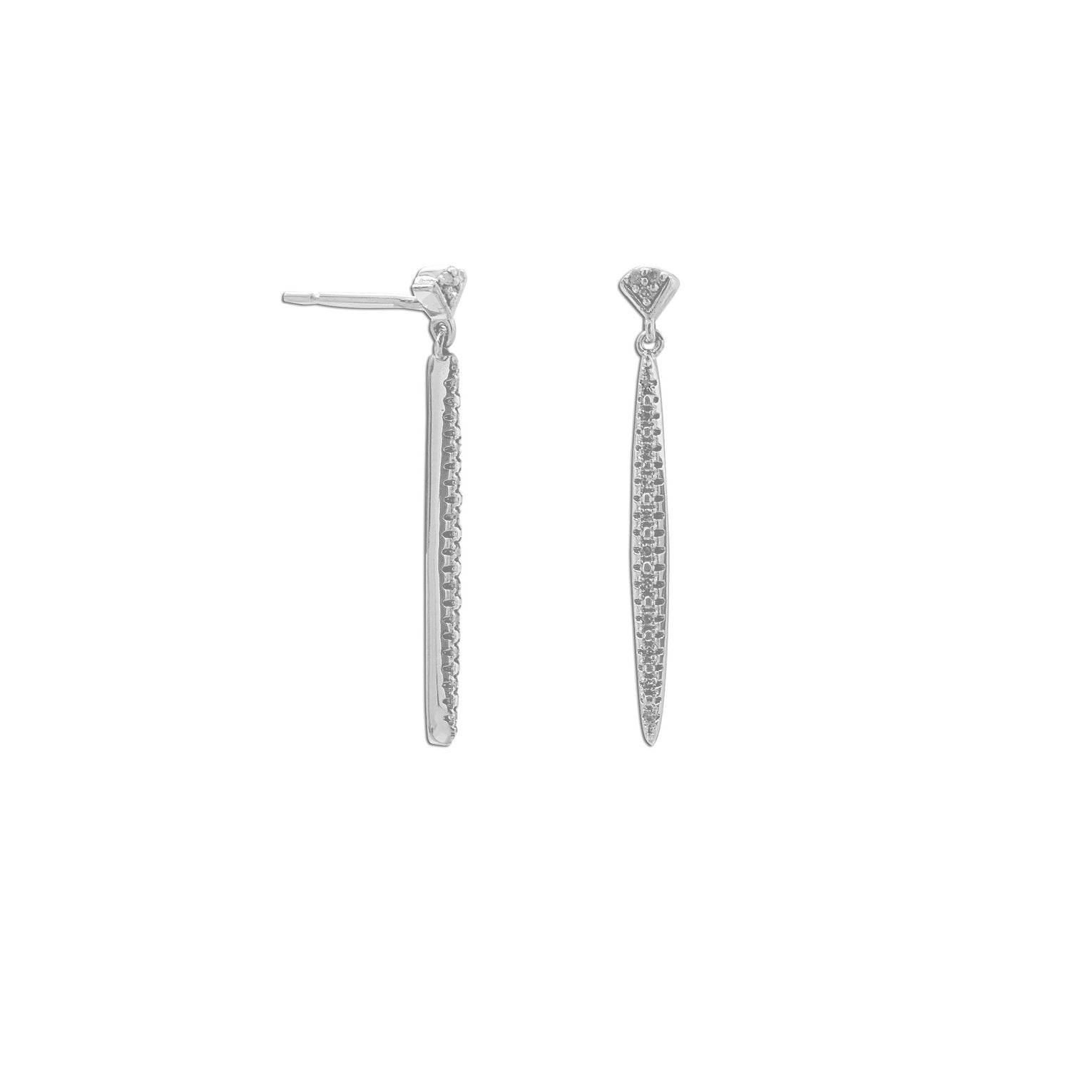 Rhodium Plated Vertical Bar Post Earrings with Diamonds - Joyeria Lady