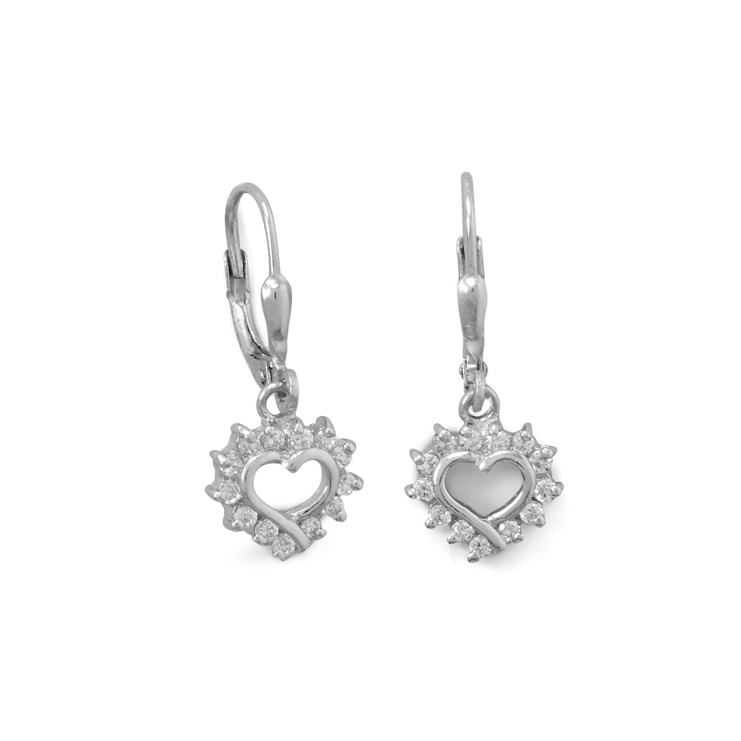 Rhodium Plated Cutout CZ Heart Lever Earrings - Joyeria Lady