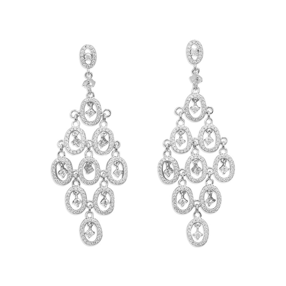 Rhodium Plated CZ Oval Chandelier Earrings - Joyeria Lady