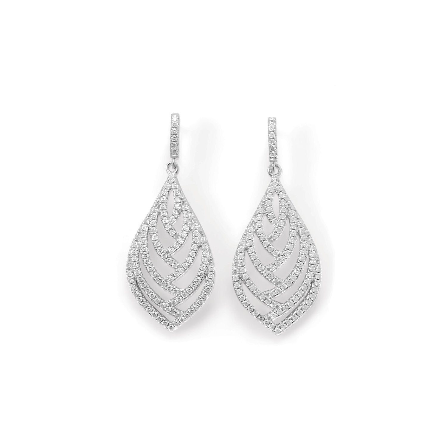 Rhodium Plated CZ Leaf Earrings - Joyeria Lady