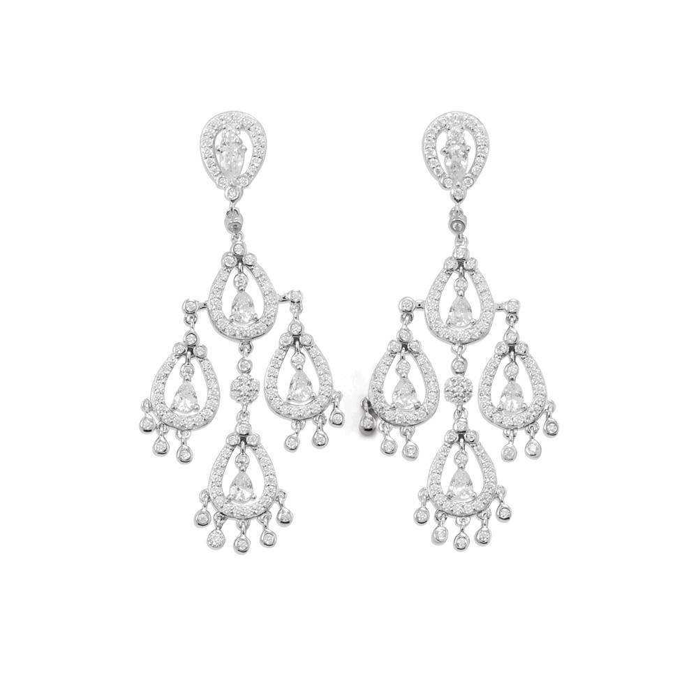 Rhodium Plated CZ Pear Chandelier Earrings - Joyeria Lady