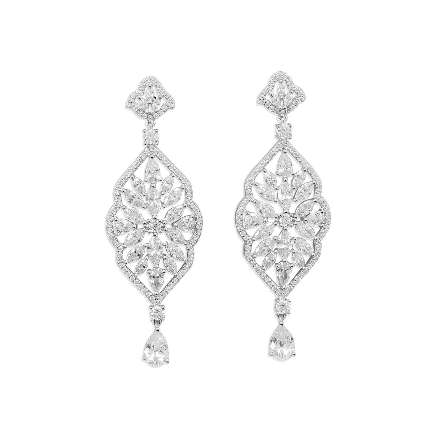 Rhodium Plated Marquise CZ Dangle Earring - Joyeria Lady