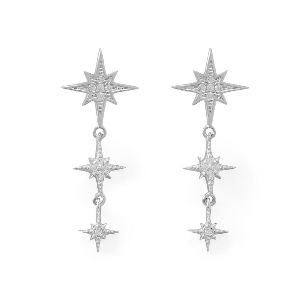 Rhodium Plated CZ Star Drop Earrings - Joyeria Lady