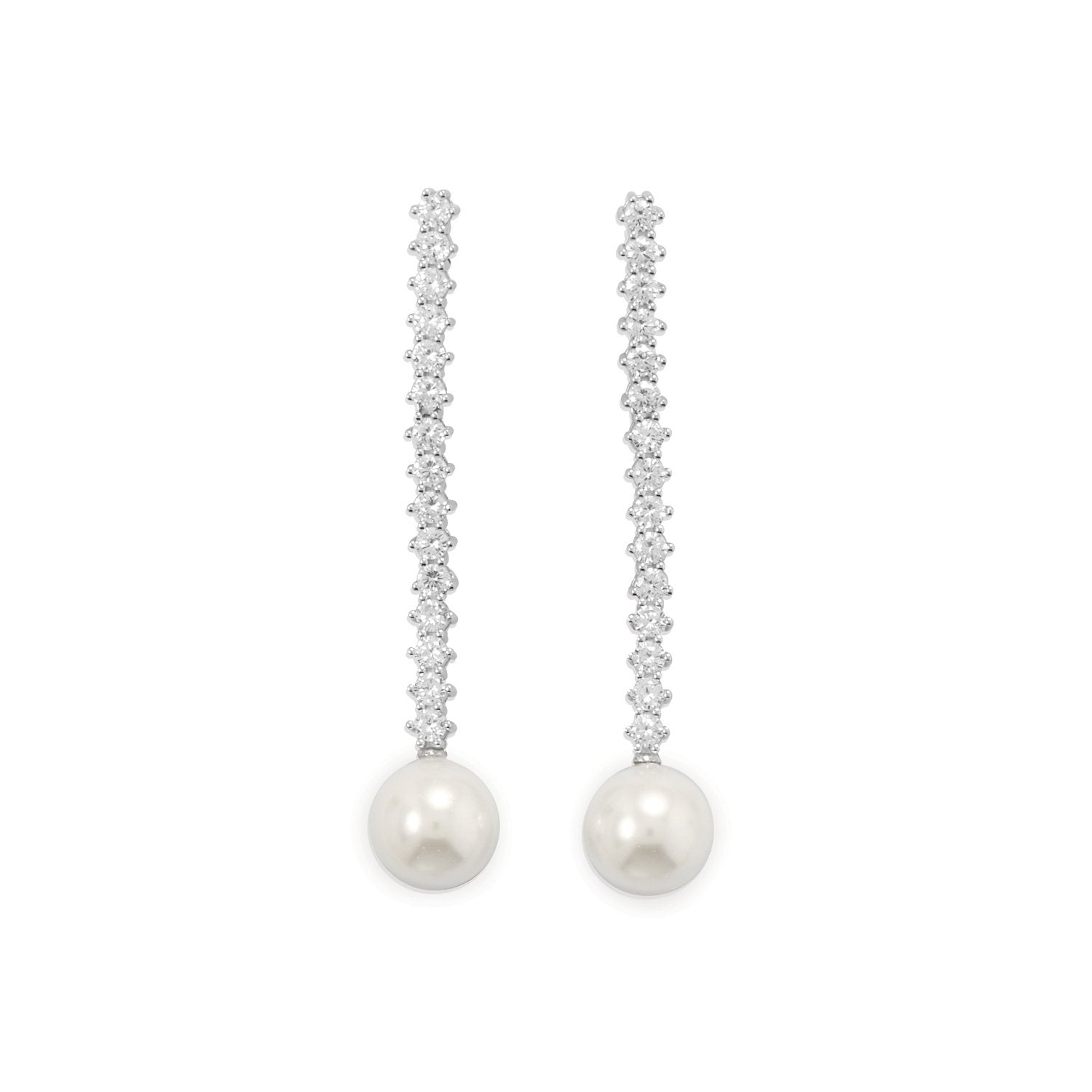 Rhodium Plated CZ and Simulated Pearl Drop Earrings - Joyeria Lady