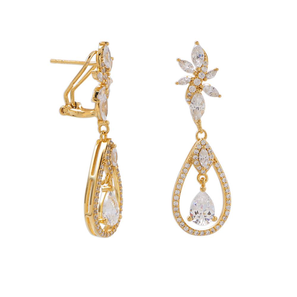 14 Karat Gold Plated CZ Cluster Dangle Earrings - Joyeria Lady