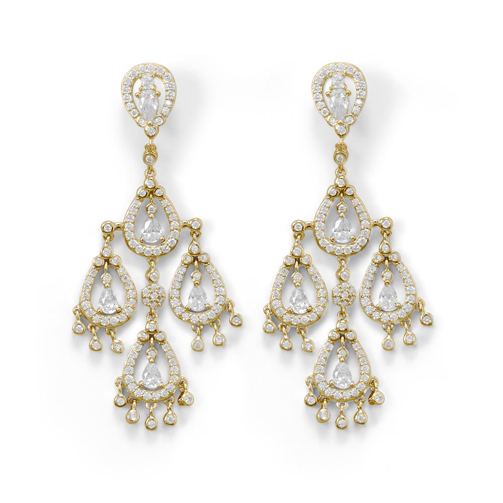 14 Karat Gold Plated CZ Pear Chandelier Earrings - Joyeria Lady