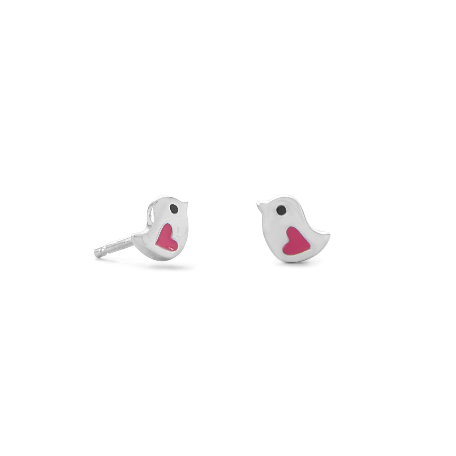 Sterling Silver Bird with Pink Enamel Heart Stud Earrings - Joyeria Lady