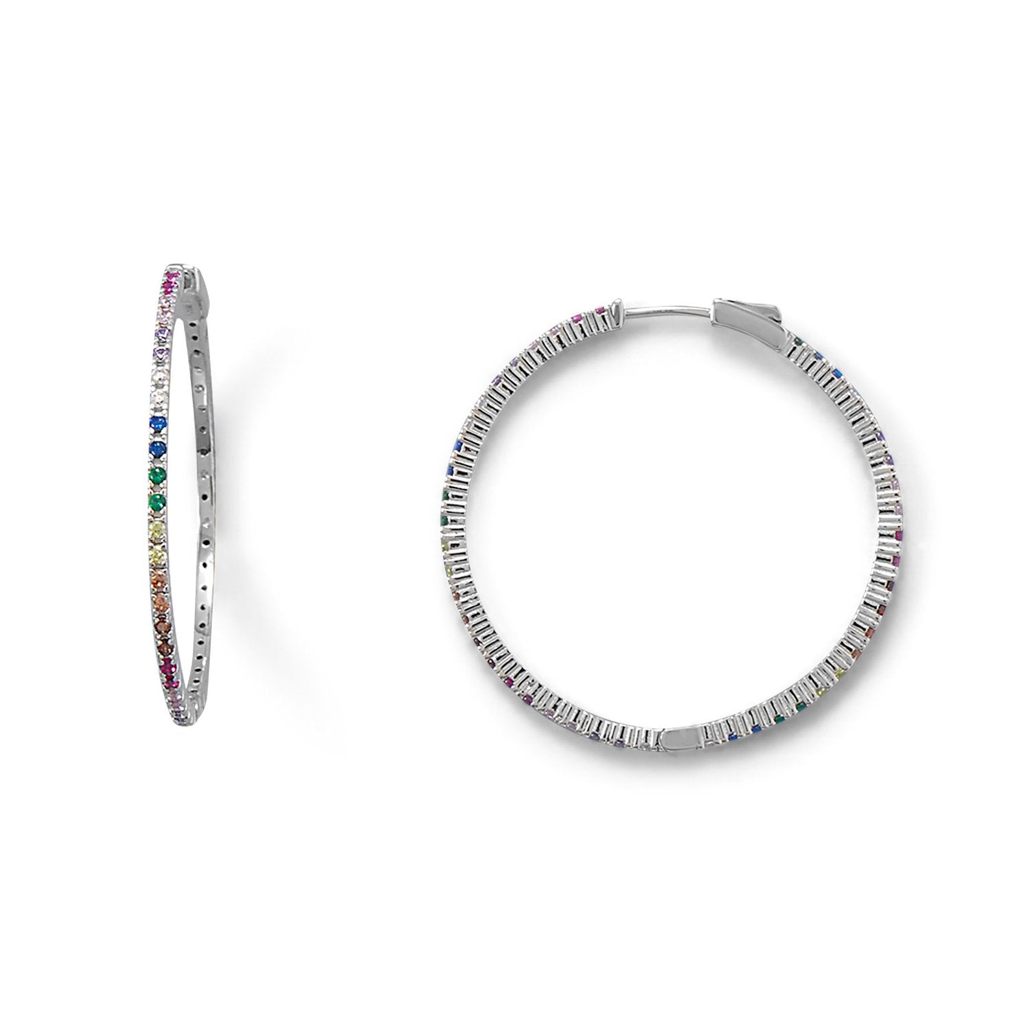 Rhodium Plated Multi Color CZ 40mm Click Hoop Earrings - Joyeria Lady
