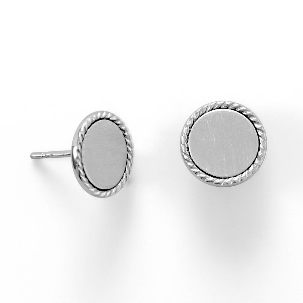 Engravable Rhodium Plated Rope Edge Disk Stud Earrings - Joyeria Lady