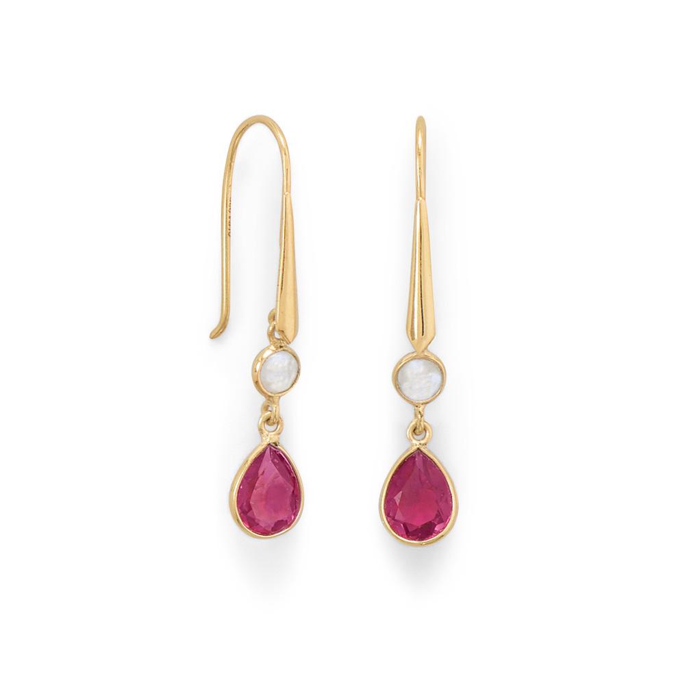 14 Karat Gold Plated Rainbow Moonstone and Pink Glass Drop Earrings - Joyeria Lady
