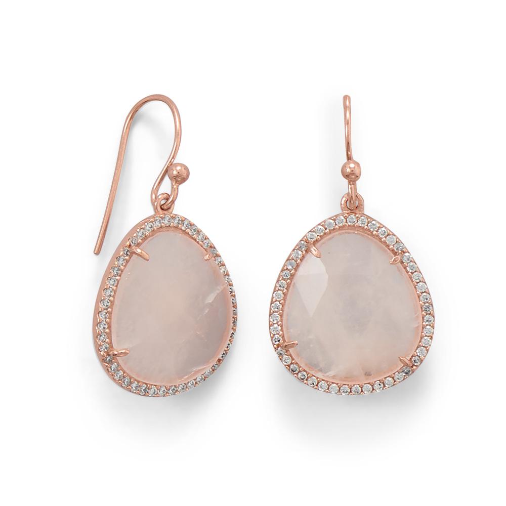 14K Rose Gold Plated Rose Quartz and CZ Earrings - Joyeria Lady