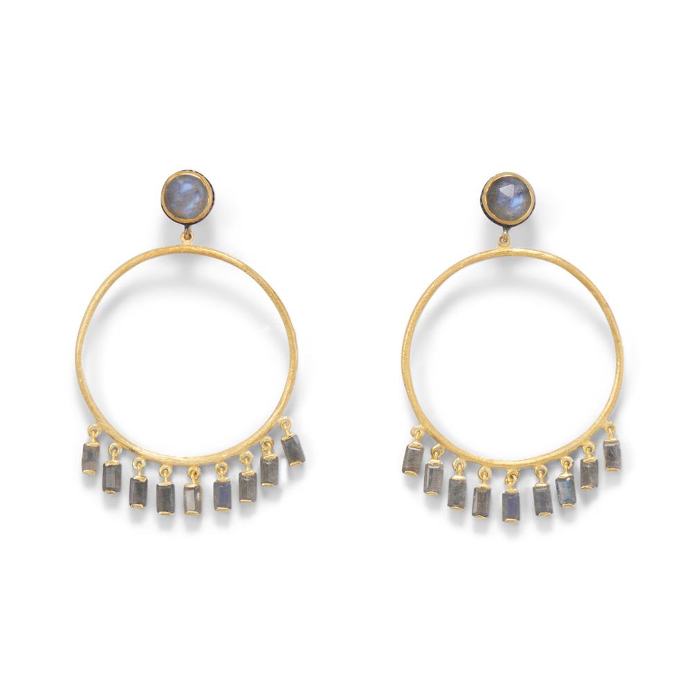 14 Karat Gold Plated Post Hoop Earrings with Dangling Labradorite - Joyeria Lady