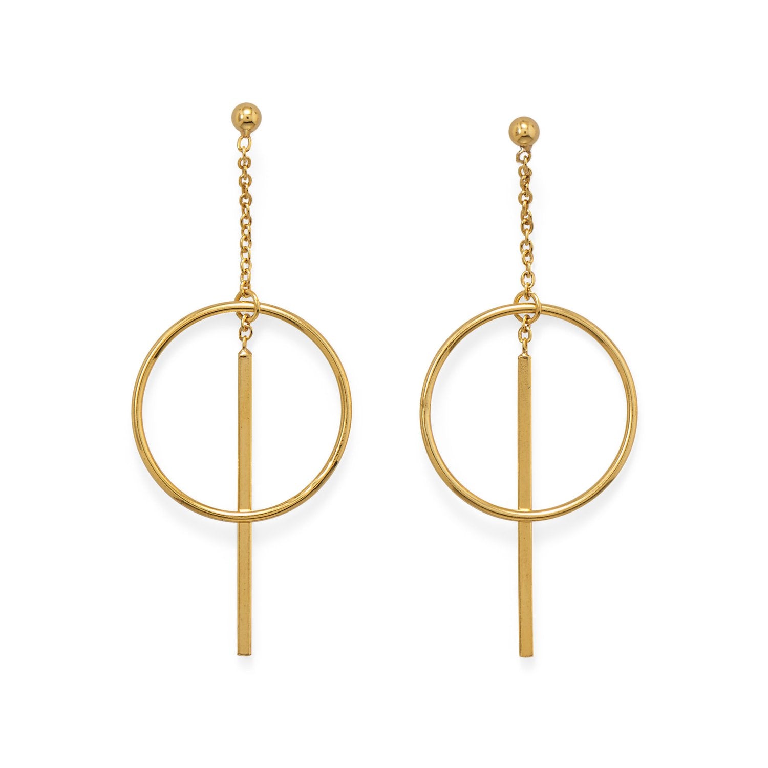 14 Karat Gold Plated Long Bar w/Circle Post Earrings - Joyeria Lady