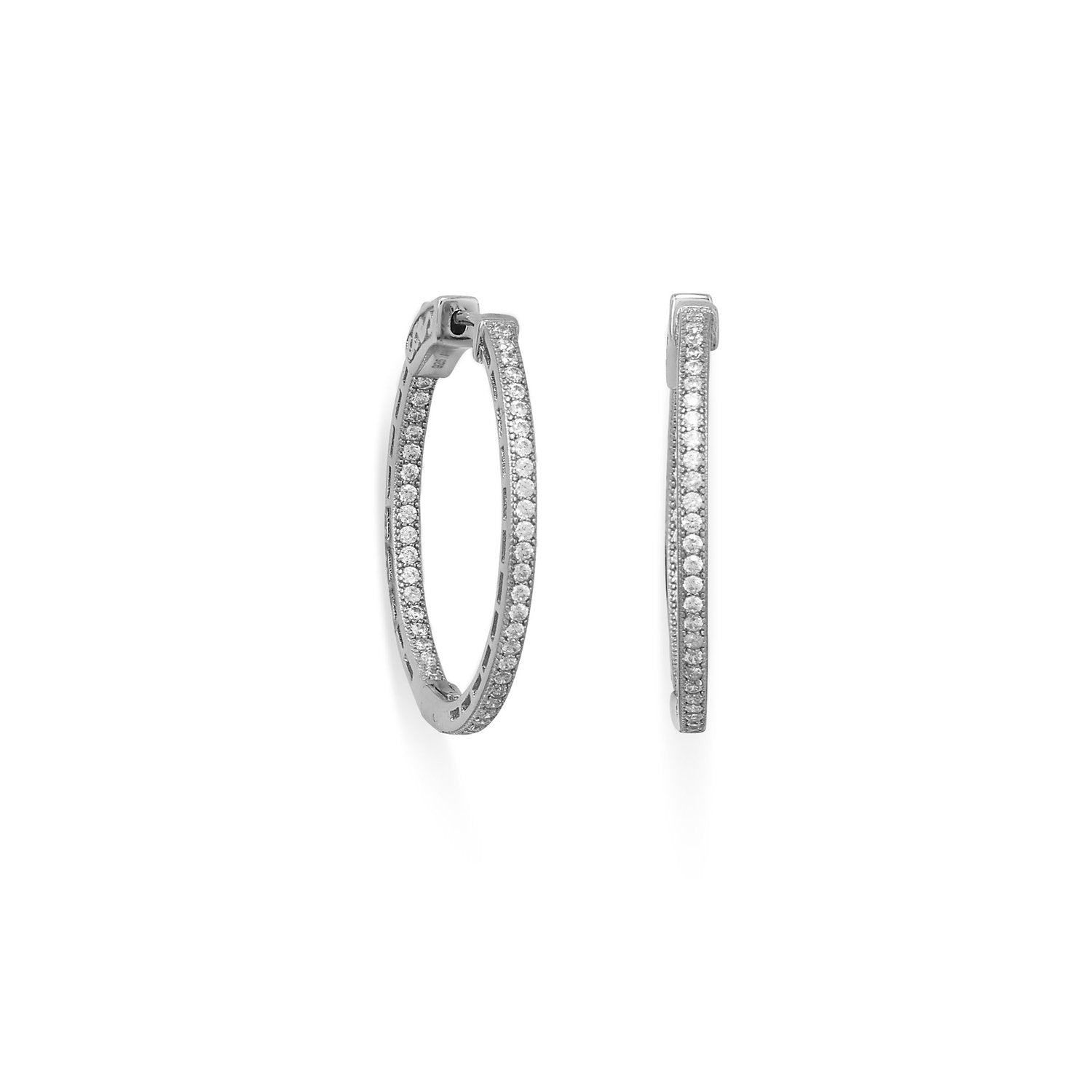 Rhodium Plated Round In/Out CZ Hoop Earrings - Joyeria Lady