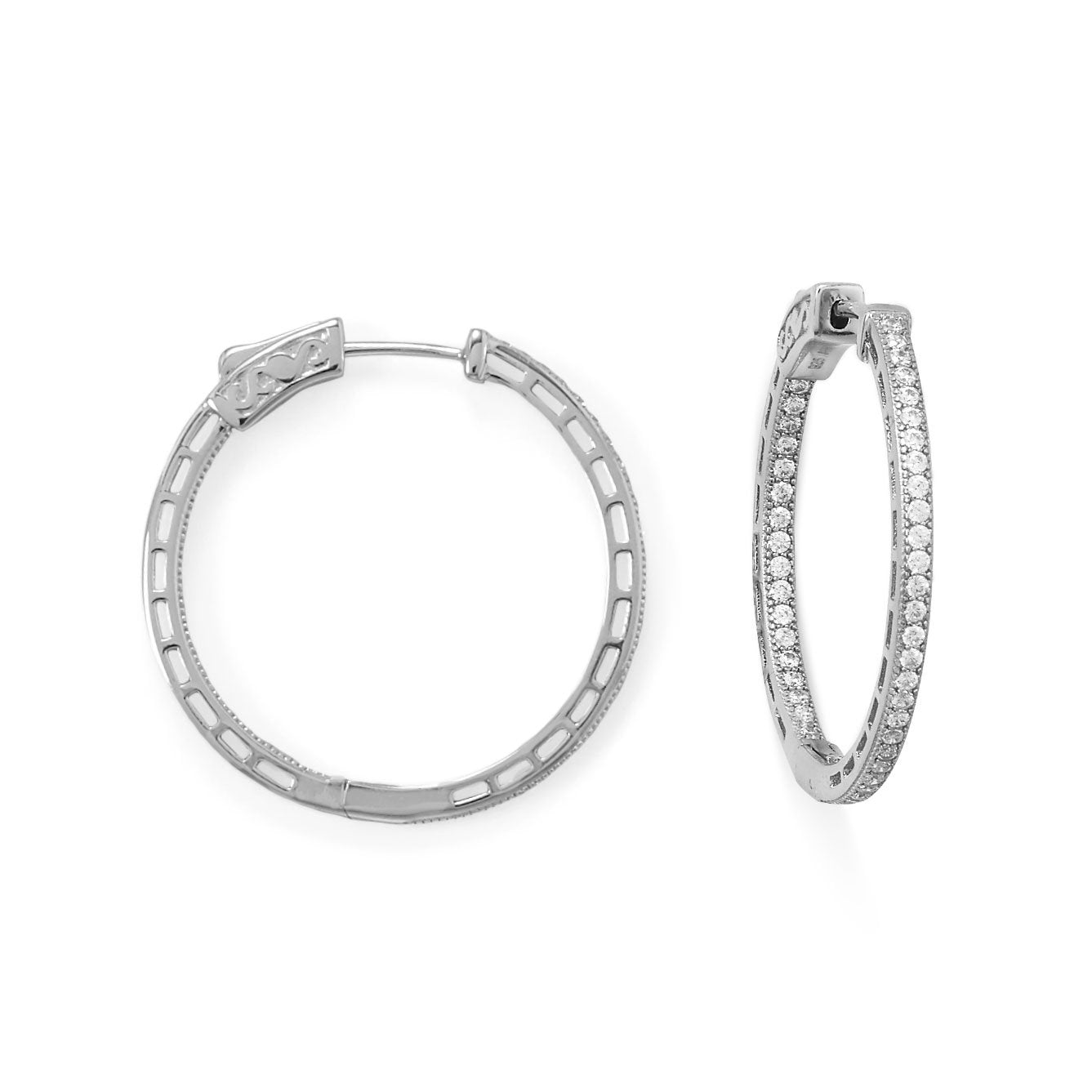 Rhodium Plated Round In/Out CZ Hoop Earrings - Joyeria Lady