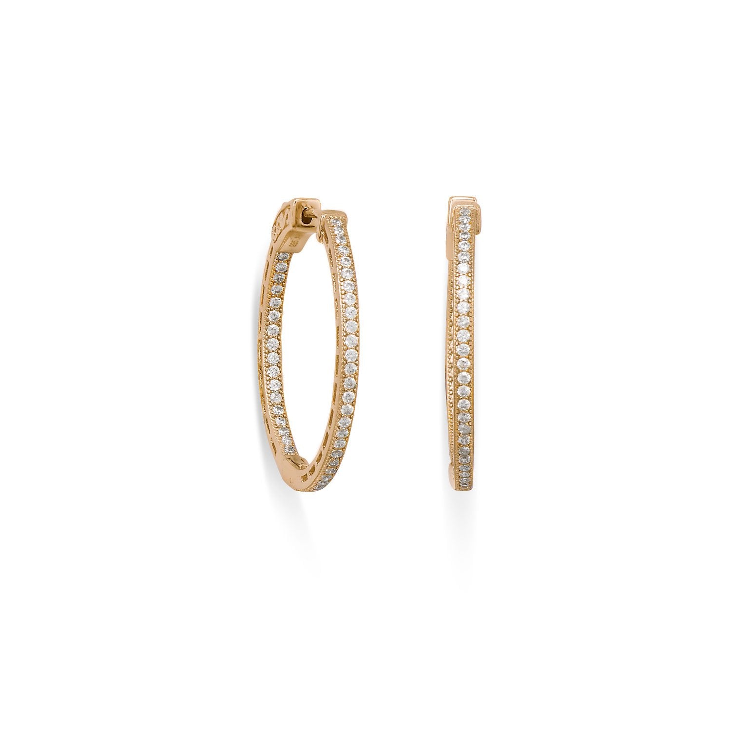 14 Karat Gold Plated Round In/Out CZ Hoop Earrings - Joyeria Lady