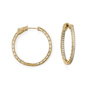 14 Karat Gold Plated Round In/Out CZ Hoop Earrings - Joyeria Lady