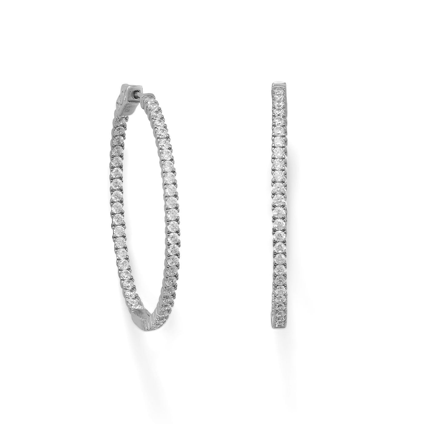 Rhodium Plated Oval In/Out CZ Hoop Earrings - Joyeria Lady