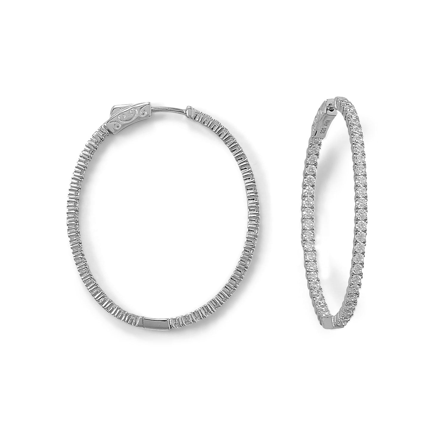 Rhodium Plated Oval In/Out CZ Hoop Earrings - Joyeria Lady