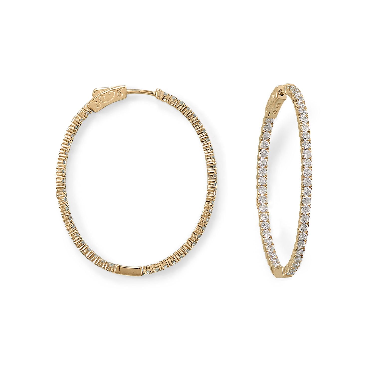 14 Karat Gold Plated Oval In/Out CZ Hoop Earrings - Joyeria Lady
