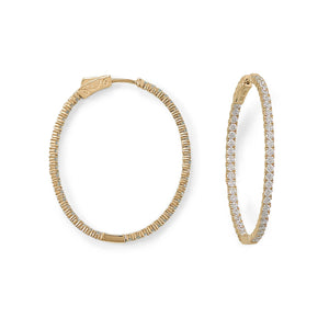 14 Karat Gold Plated Oval In/Out CZ Hoop Earrings - Joyeria Lady